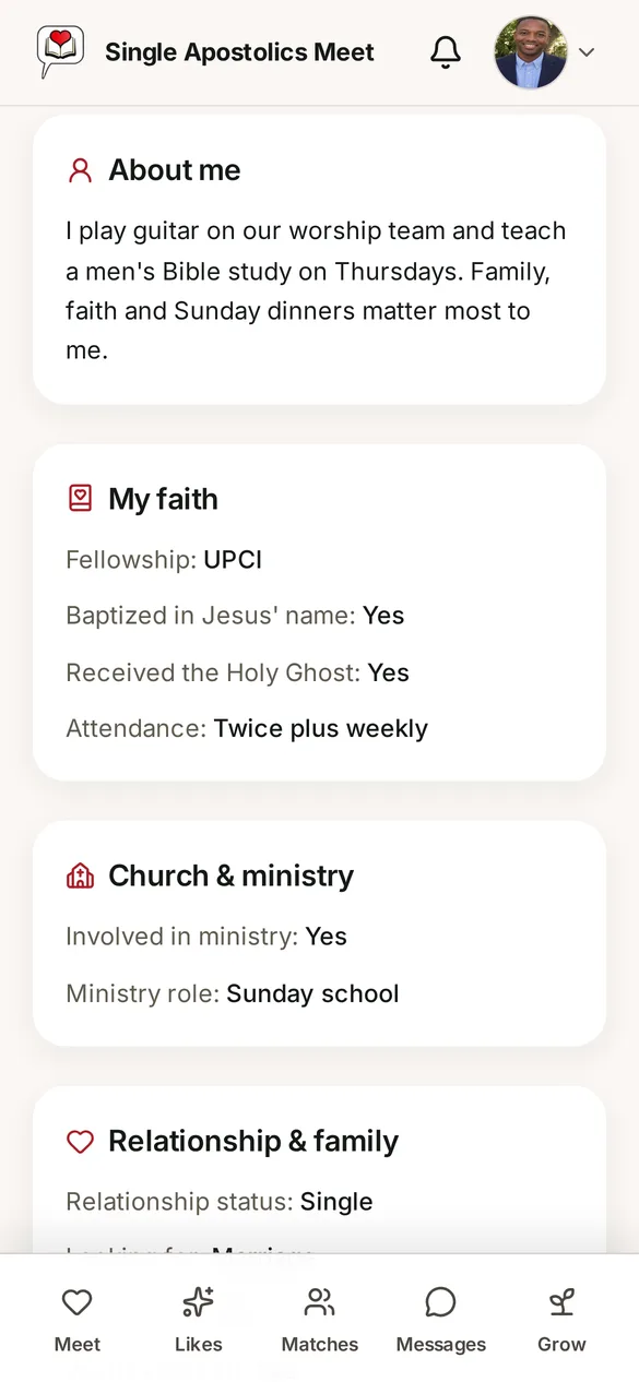 Profile sections: About me, My faith and Church & ministry