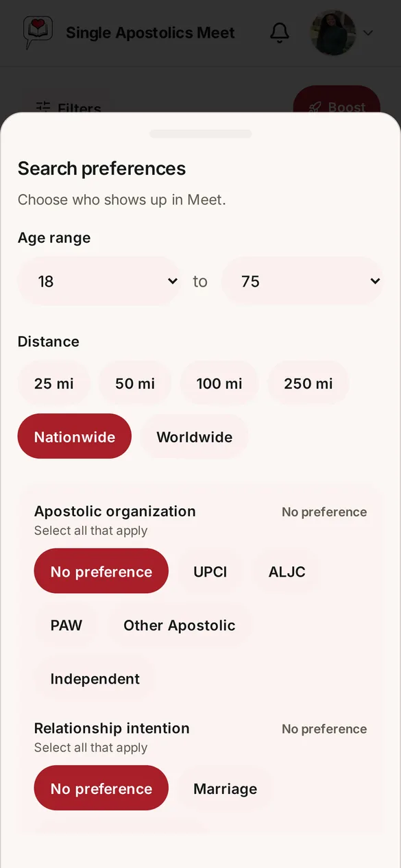 Search preferences by age, distance and Apostolic organization