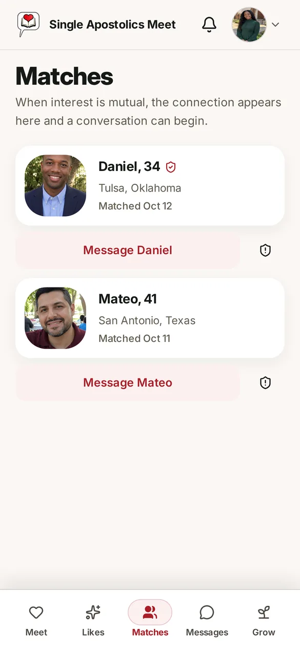 Matches list with Message buttons