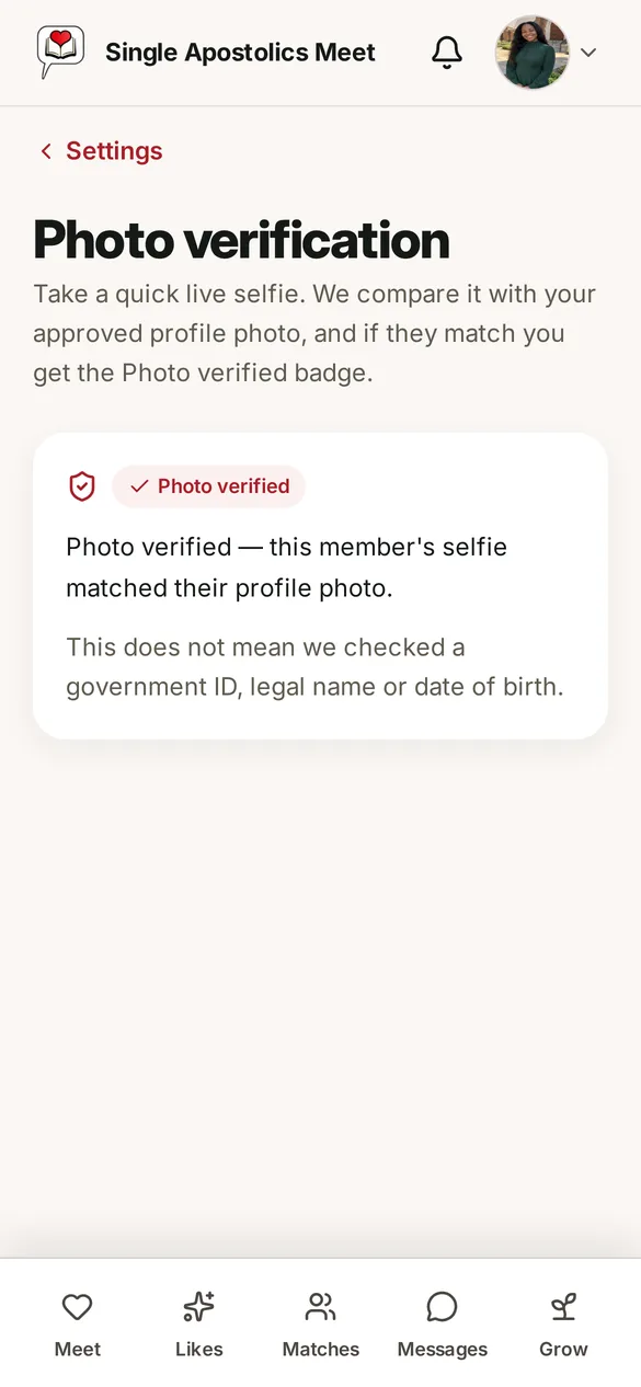 Photo verification screen explaining the Photo verified badge